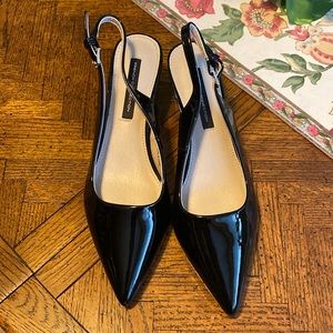 French Connection Black Slingback low heels. Size 8. Vegan Patent Leather